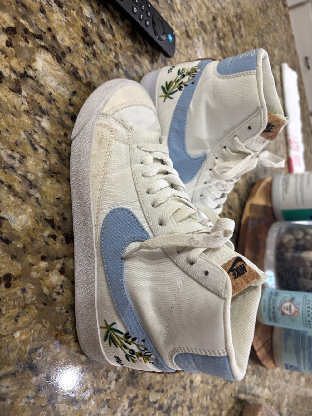Nike Women's Cream & Light Blue High-Top Sneakers with Floral Embroidery